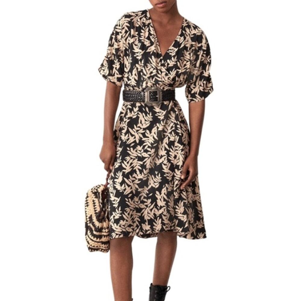 Ba&sh Tabby Wrap Dress Black & Beige Print Midi Length Womens Small